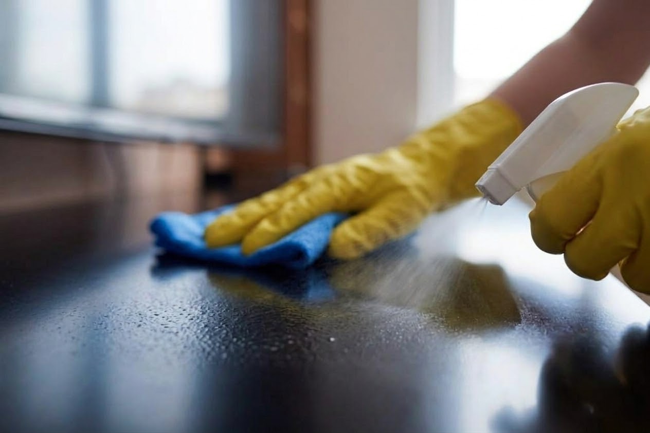 EXORA cleaner wiping down an office surface