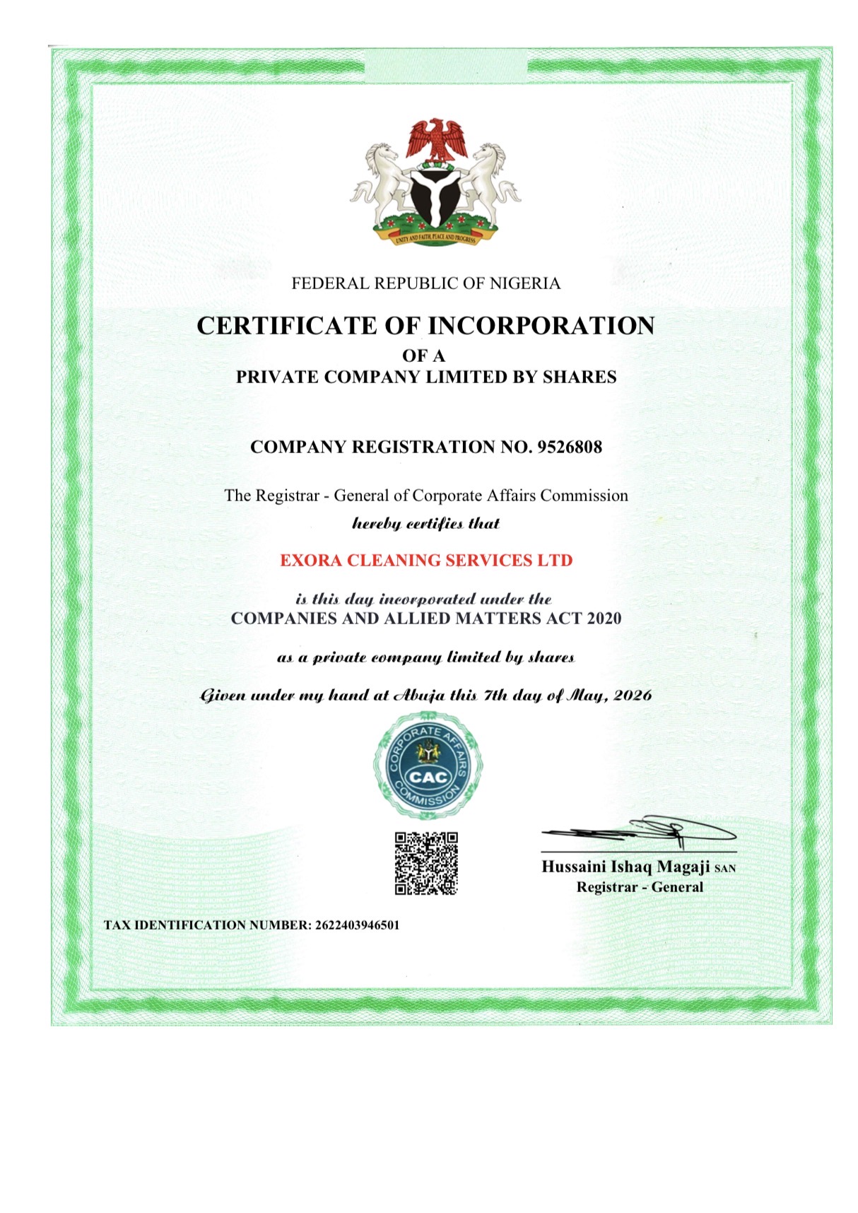 EXORA Cleaning Services Ltd certificate of incorporation issued by the Corporate Affairs Commission